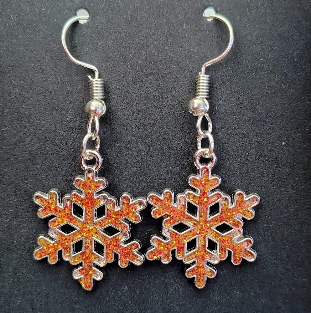 Silvery Orange Snowflake Dangle Earrings